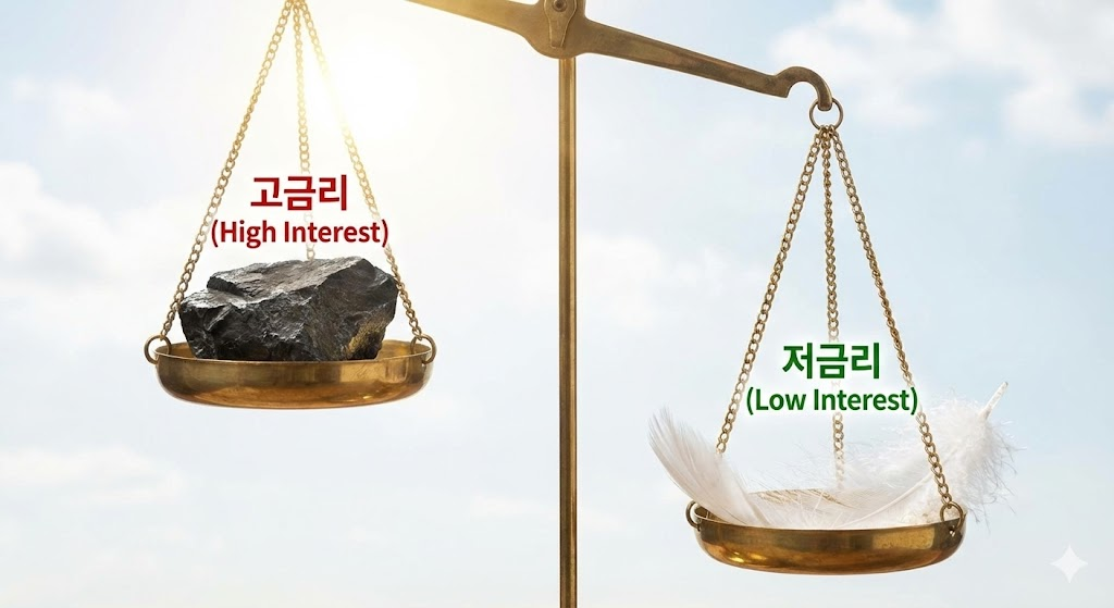 고금리 대출을 저금리 대환대출로 바꾸어 이자 부담이 줄어드는 것을 형상화한 이미지