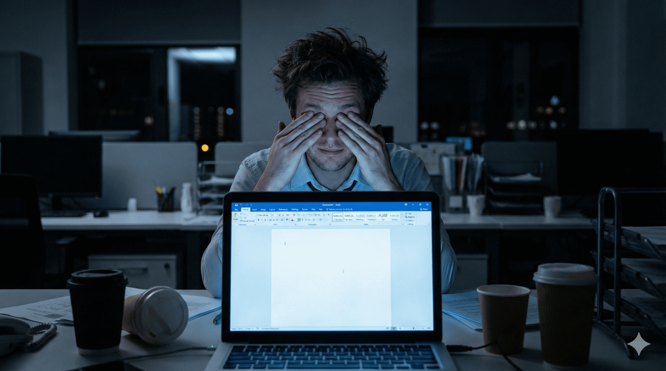 깊은 밤, 깜빡이는 커서 앞에서 정답을 찾기 위해 고민하는 직장인의 막막한 마음. 챗GPT 활용의 한계를 느끼며 모니터 불빛 아래 사색에 잠긴 노트북 작업 화면입니다.