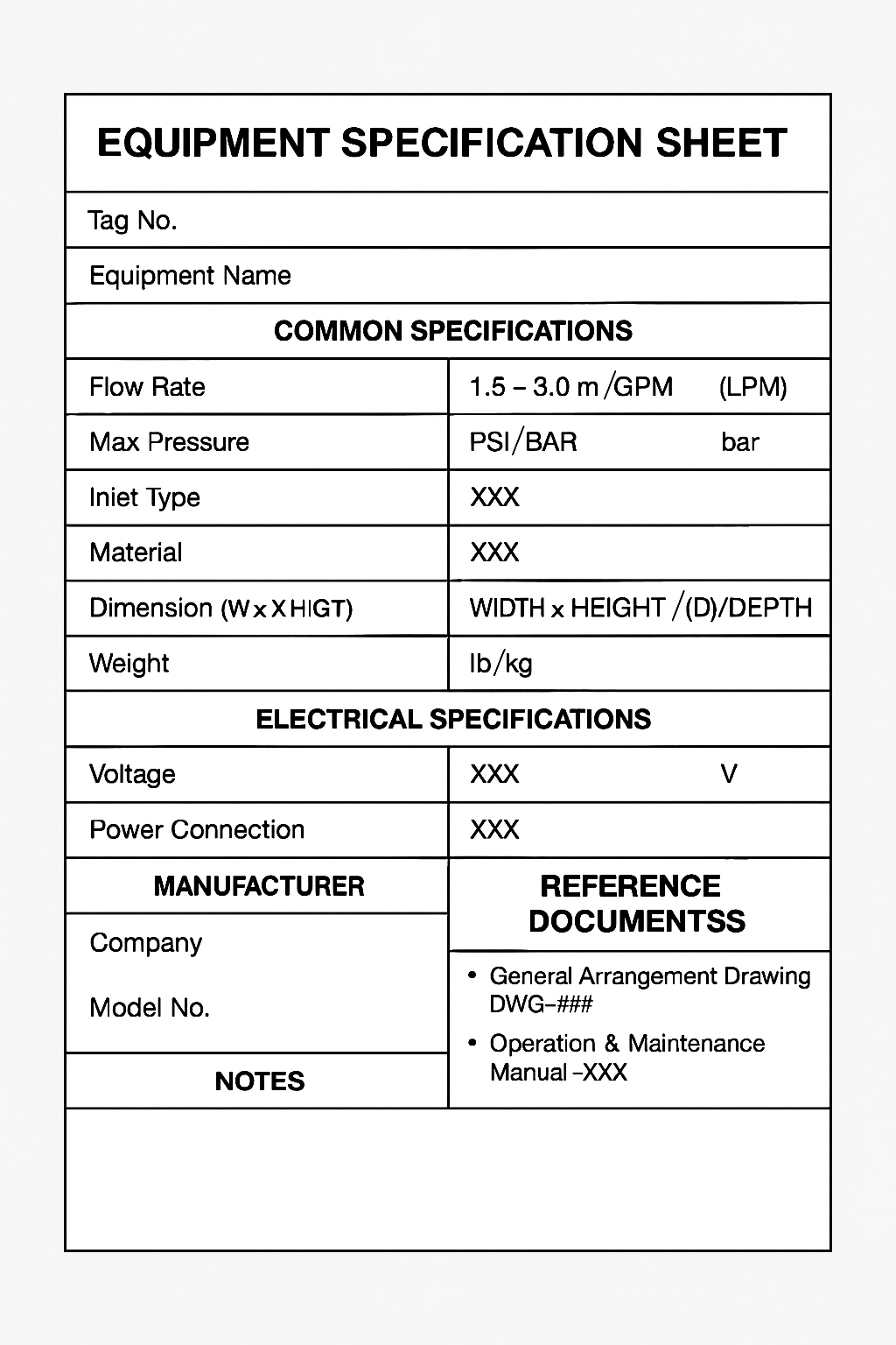 Example of an equipment specification datasheet for UPW (Ultra-Pure Water) system design and component layout