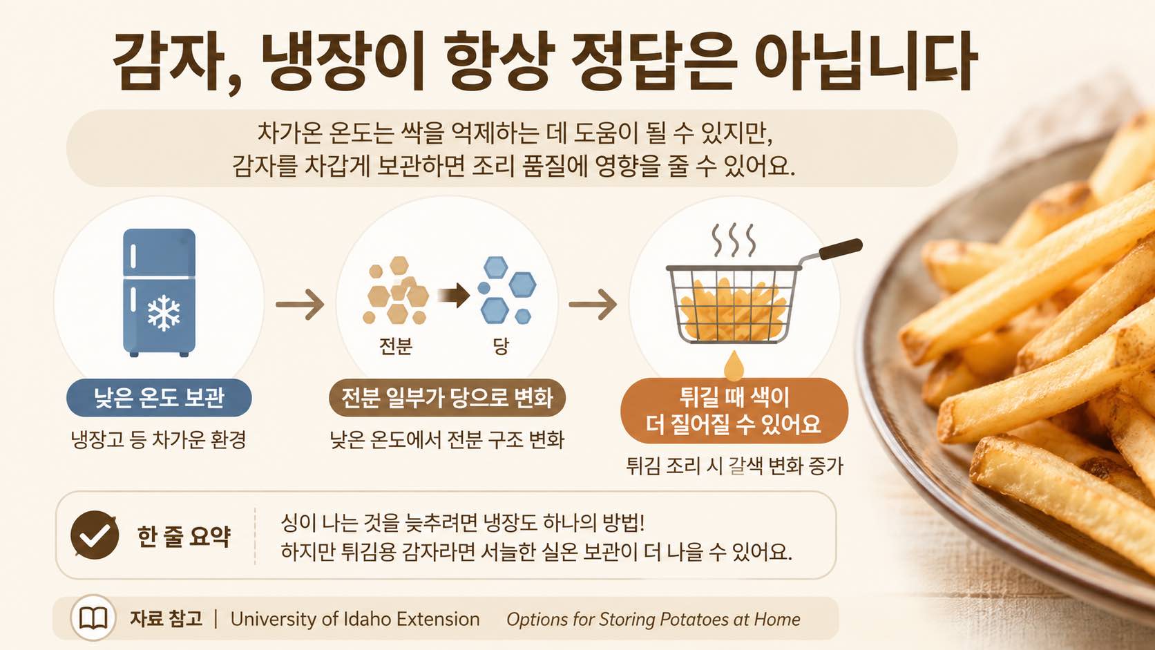 냉장하면 싹 발생을 늦출 수 있다는 장점도 있는 반면, 낮은 온도가 감자의 당 조성과 조리 품질에 영향을 줄 수 있다는 점