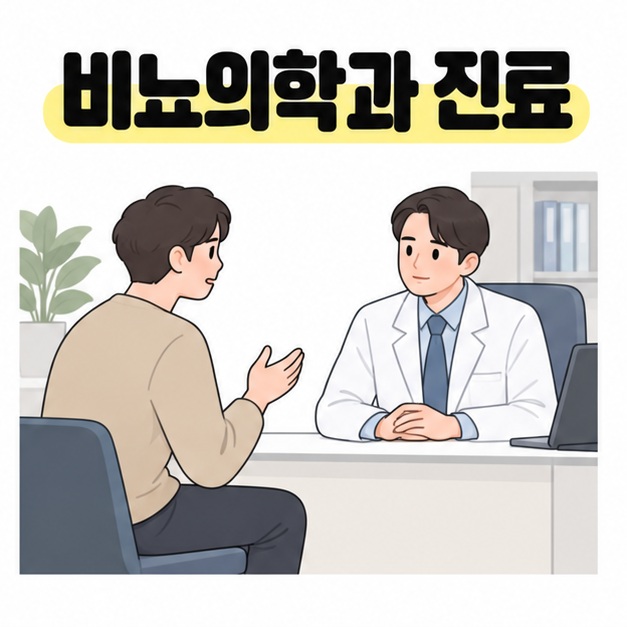 비뇨의학과 진료라는 문구 아래 환자가 진료실에서 의사에게 증상을 설명하는 그림