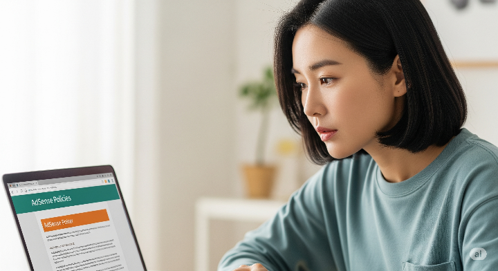 여성이 노트북으로 블로그 글을 보며 애드센스 정책을 확인하는 모습