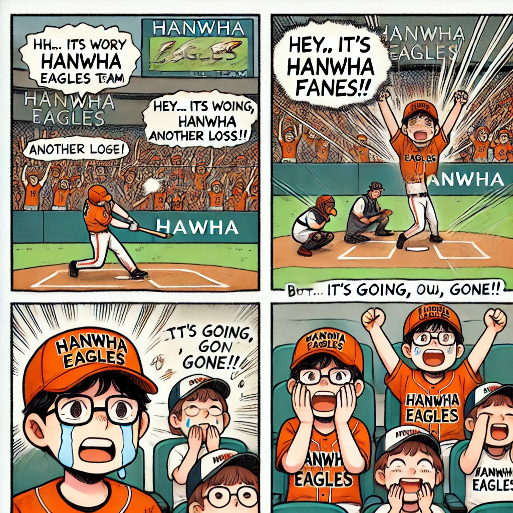 chatGPT 에게 "한화 이글스 관련 4컷 만화 스토리를 만들어줘"