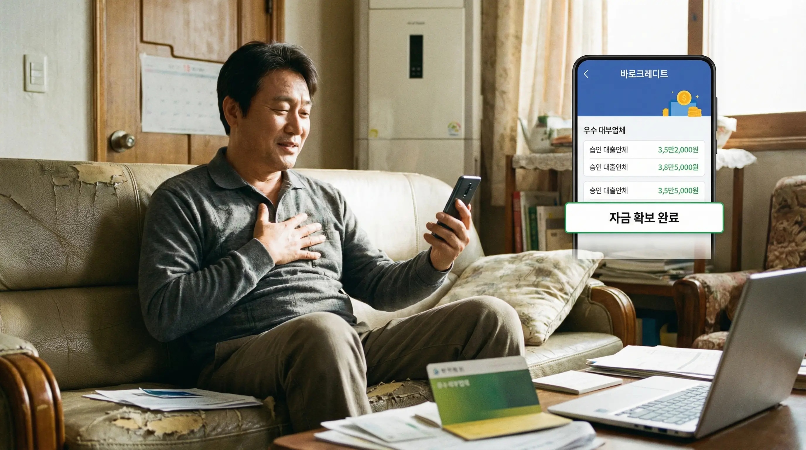 스마트폰으로 바로크레디트 및 우수 대부업체 한도를 조회하고 자금을 확보하여 안도하는 모습