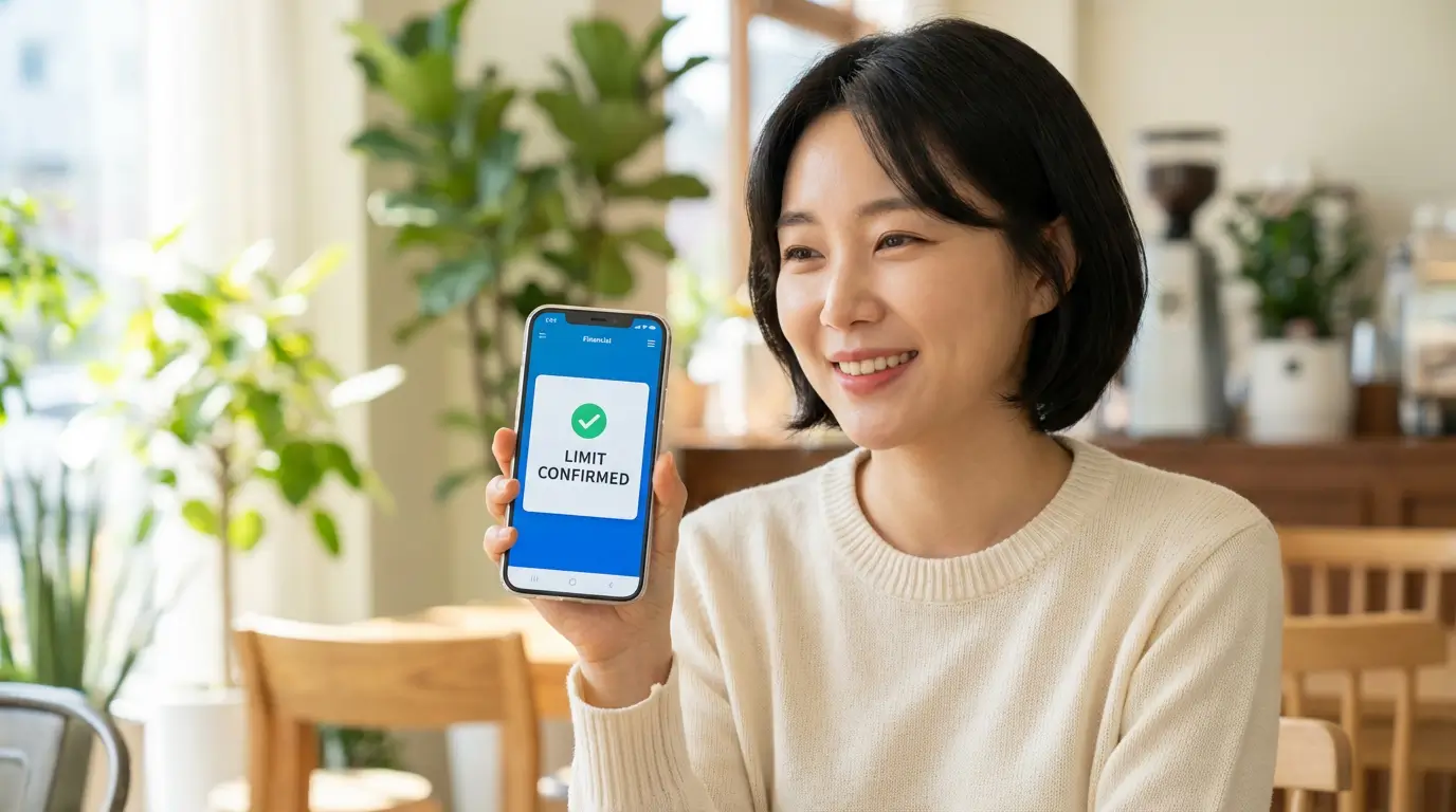 스마트폰으로 여러 비상금 대출 상품의 한도를 조회하고 승인 결과를 확인하며 안도하는 모습