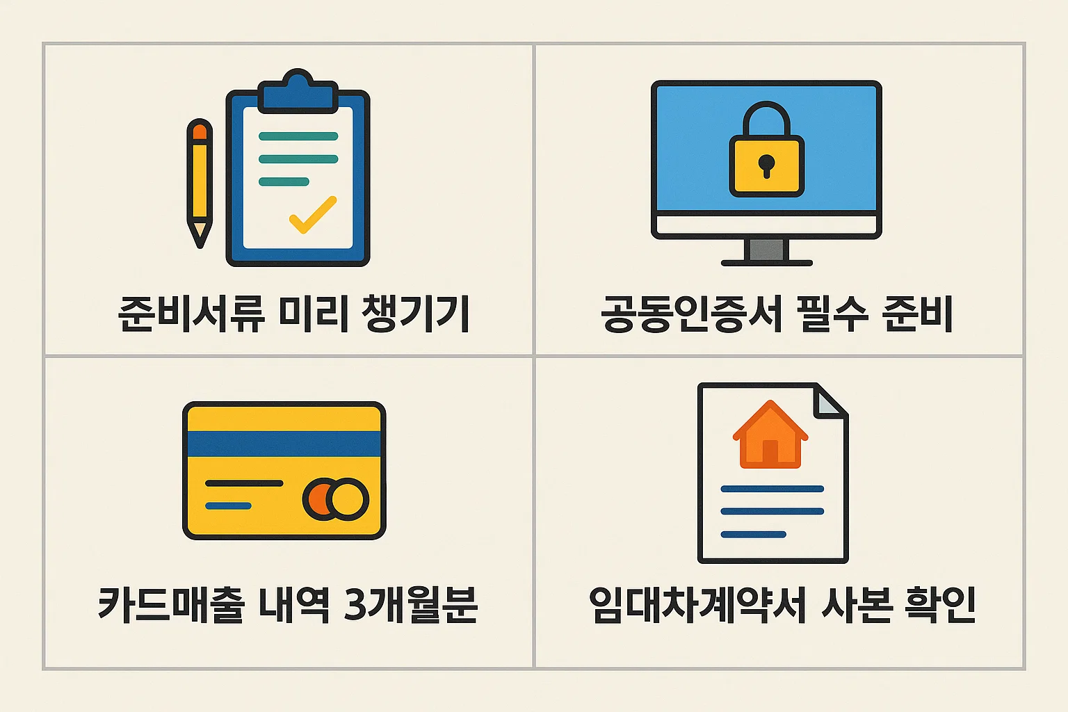 부담경감 크레딧 신청 전 필요한 서류, 공동인증서 준비, 카드매출 내역 및 임대차계약서 확인 등을 정리한 인포그래픽. 신청 전 필수 준비 단계 시각 정리.