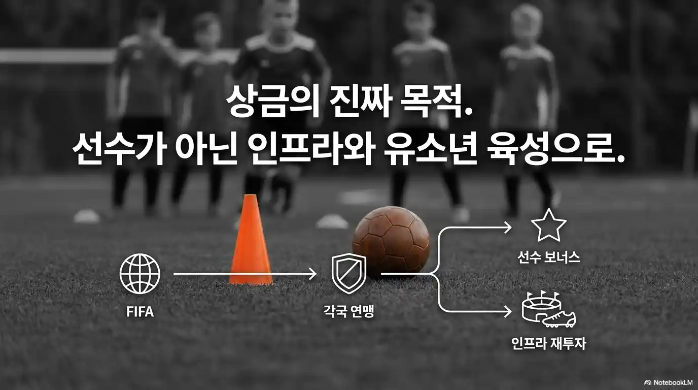 월드컵 상금이 FIFA에서 각국 축구협회와 유소년 육성, 축구 인프라에 투자되는 구조를 설명하는 인포그래픽