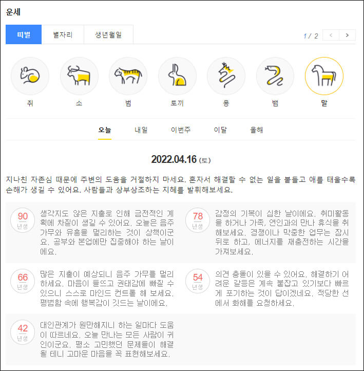 다음 띠별 운세 결과