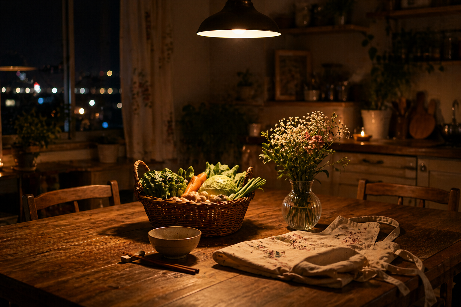밤이 깊은 주방 식탁 위에 채소 바구니와 꽃병, 앞치마가 놓여 있는 따뜻하고 고요한 집밥의 그리움 장면