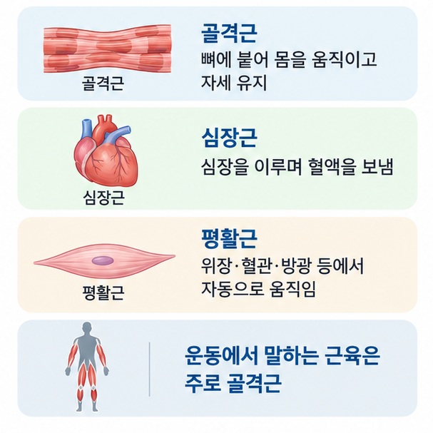 골격근 심장근 평활근의 위치와 역할 차이를 사람 몸과 장기 아이콘으로 비교한 인포그래픽