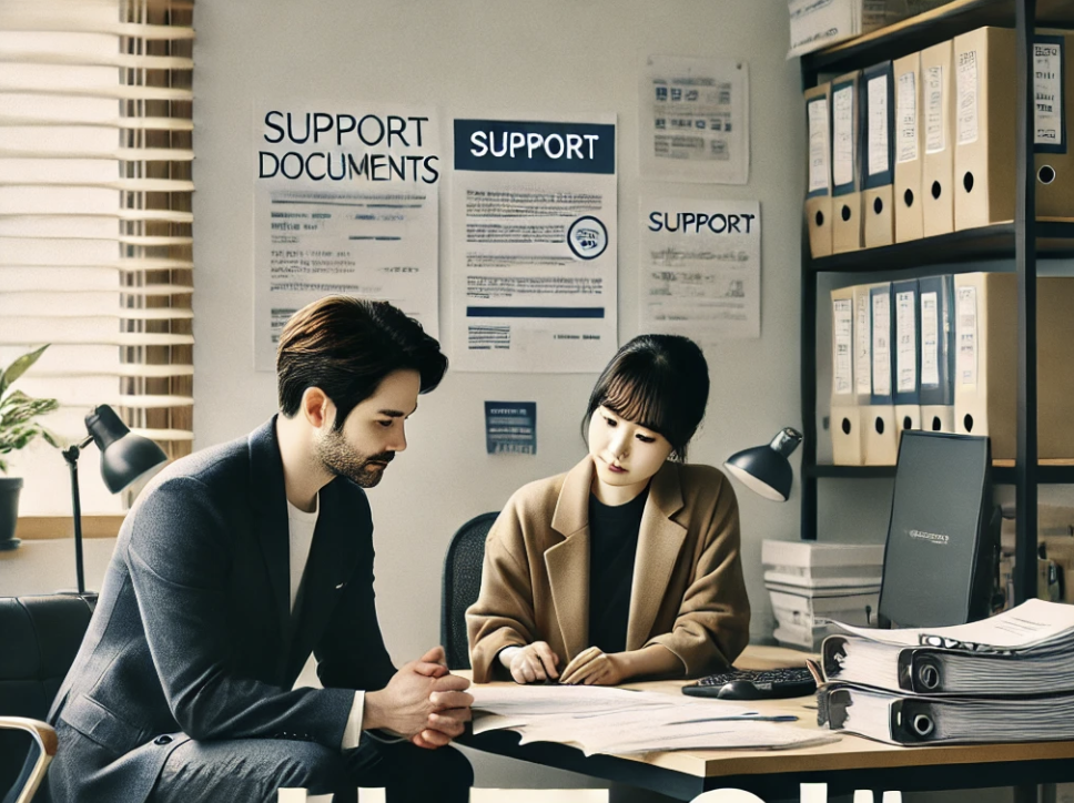 소규모 사무실에서 지원 서류를 논의하는 장면