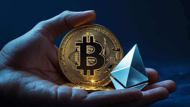 가상화폐를 상징하는 비트코인과 이더리움 이미지 &ndash; 투자 개념 강조