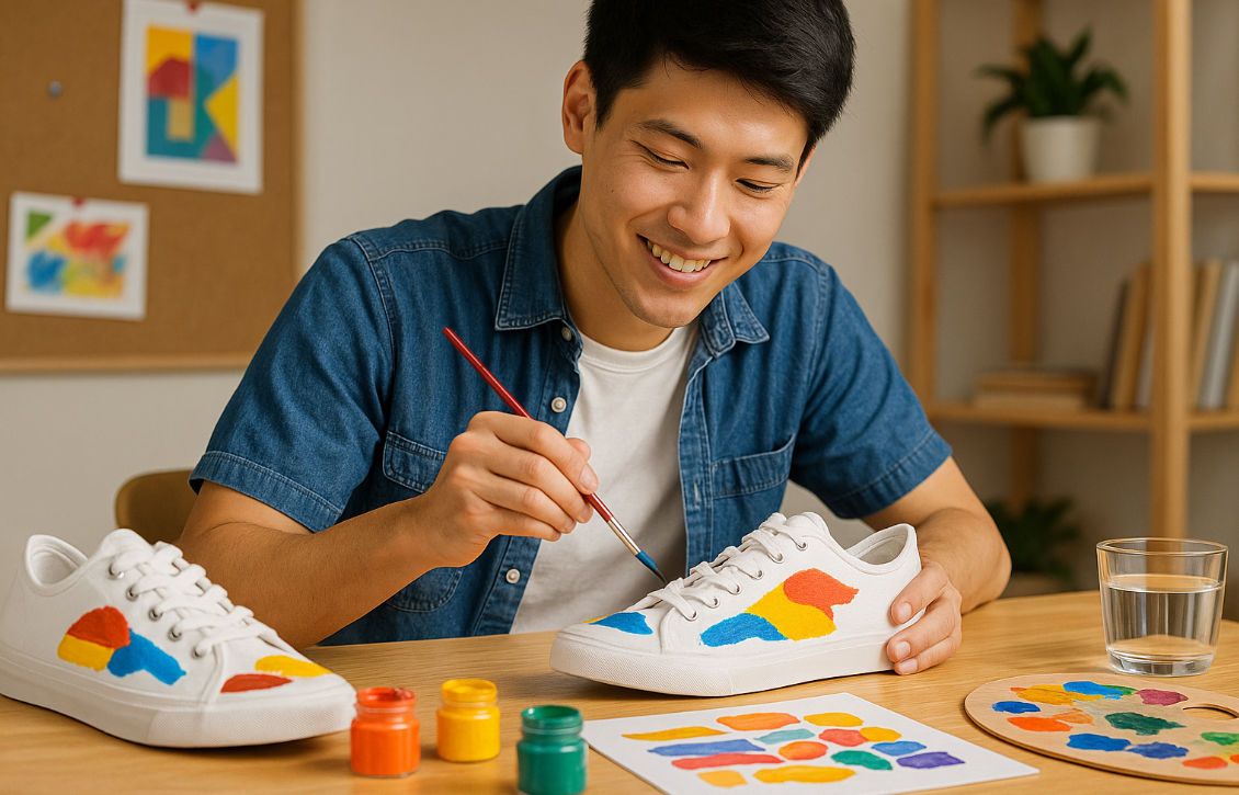 캔버스슈즈에 페인팅을 하고 있는 대학생 모습