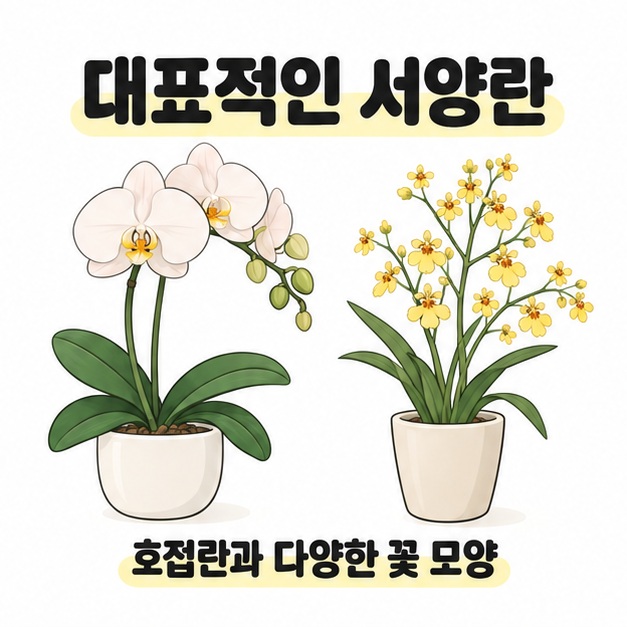 대표적인 서양란을 소개하는 문구와 호접란 꽃, 작은 꽃송이가 여러 개 달린 난 그림