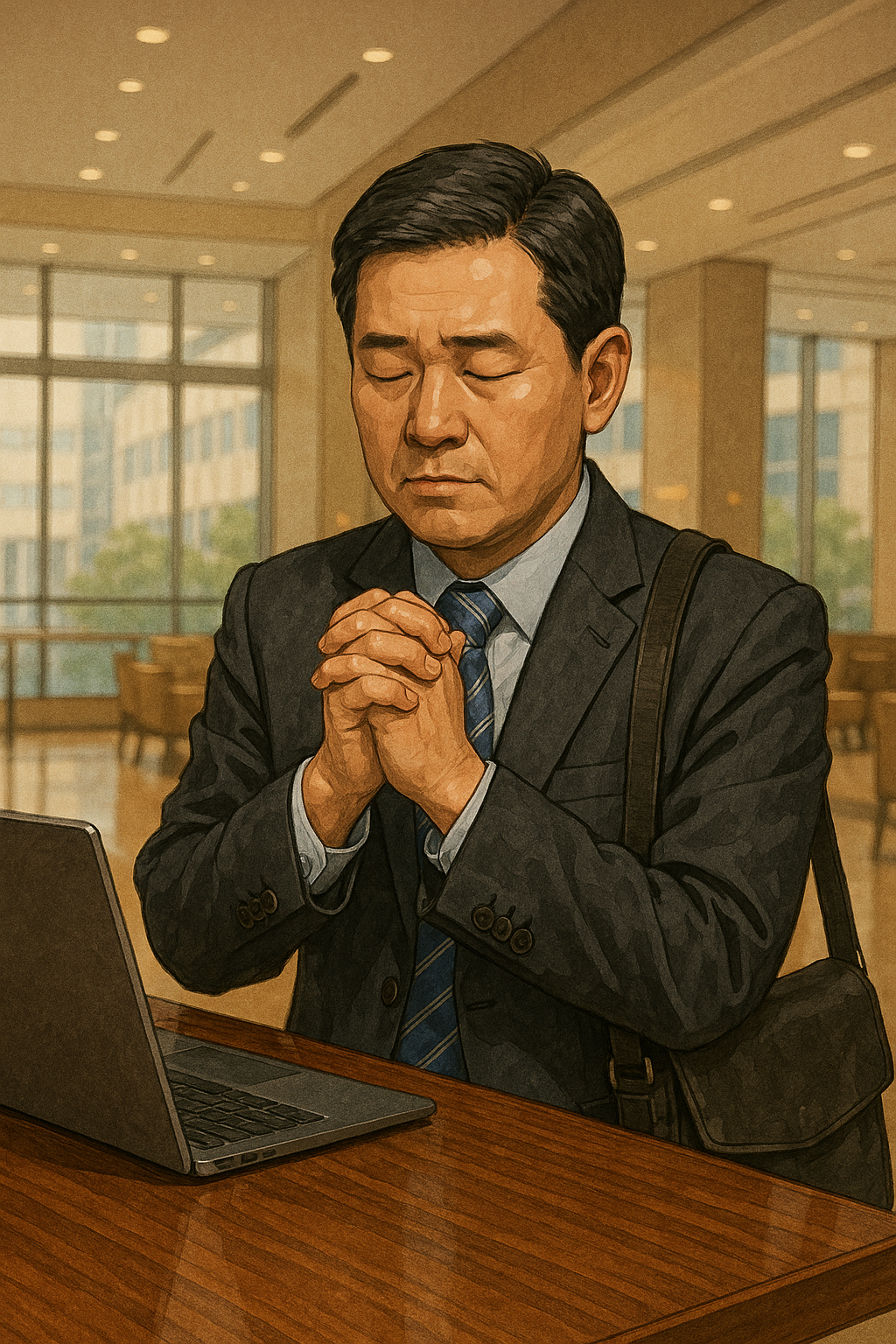 신 32:39 말씀을 보며&amp;#44; 하나님의 한 분이심과 생사화복을 주관하시는 분이심을 다시금 기억하며&amp;#44; 일상에서 잠시 멈춰서 하나님을 깊이 찬양하고 인정하는 기도와 시도를 할 것을 적용하는 모습을 그려주세요. 50대 한국남성이 직장에 다니며 출장도 다니면서도 짬을 내서 하나님을 기억하려는 모습입니다.