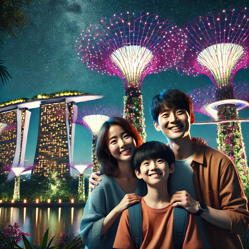 밤하늘을 배경으로 반짝이는 슈퍼트리 앞에서 가족이 사진을 찍는 모습