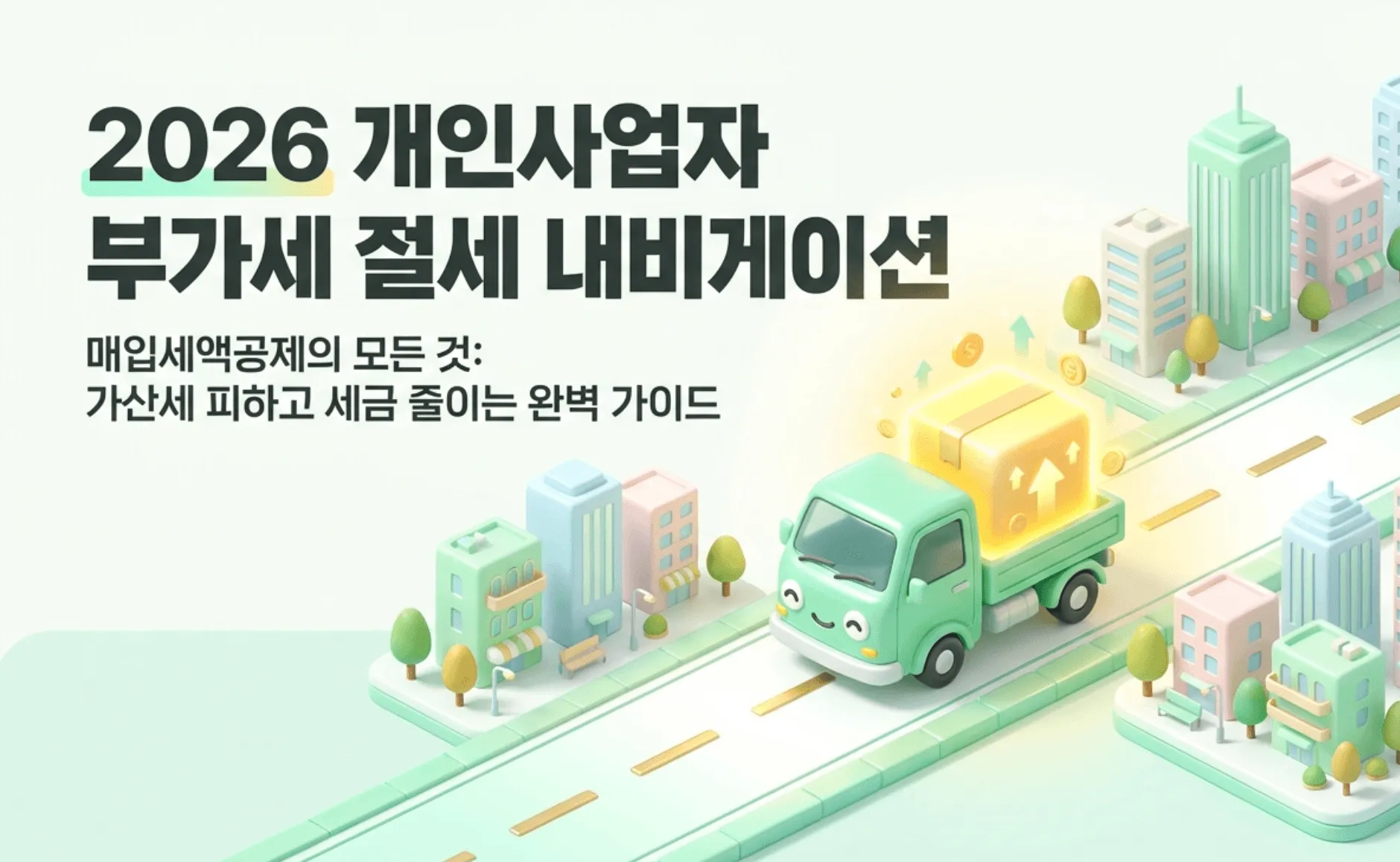 매입세액공제: 2026 개인사업자 부가세 절세 내비게이션이라는 제목과 매입세액공제의 모든 것 가산세 피하고 세금 줄이는 완벽 가이드라는 부제가 적힌 대표 이미지. 도시 거리를 달리는 초록색 트럭 위로 금빛 상자와 동전이 빛나는 일러스트가 배치되어 있으며 매입세액공제 가능 항목과 불공제 항목 및 부가세 가산세와 절세 실전 팁을 2026년 최신 기준으로 총정리하는 블로그 글의 핵심 주제를 시각적으로 전달함