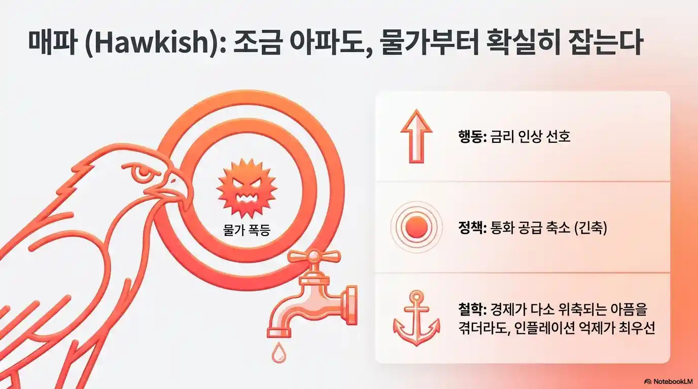 매파 Hawkish 뜻 인포그래픽 - 금리 인상 선호 통화 공급 축소 인플레이션 억제 최우선 정책