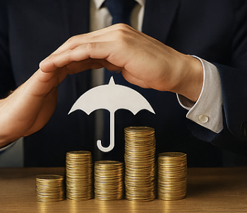 동전이 쌓여있고 우산과 손으로 막아주는 이미지