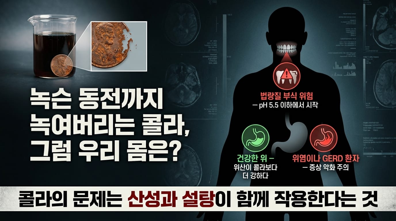 콜라가 치아와 위장에 미치는 영향을 설명하는 인체 인포그래픽