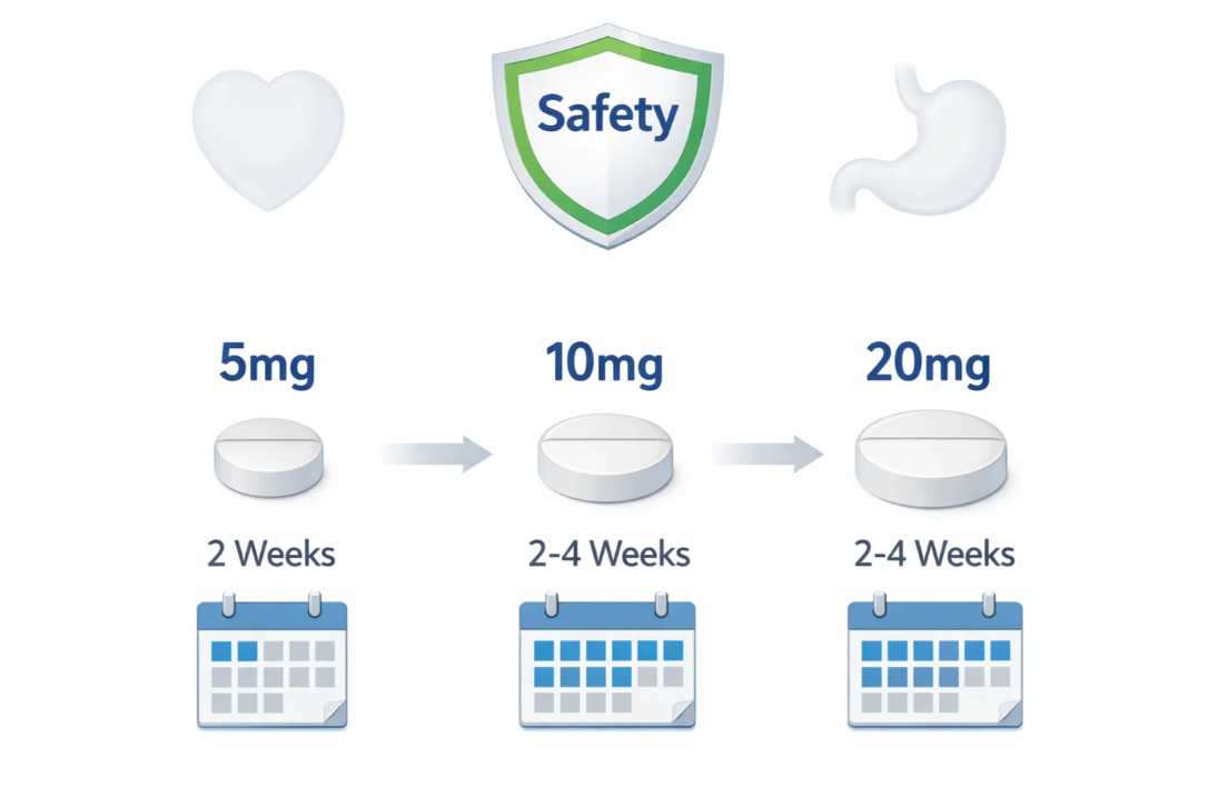 치매 약 용량을 5mg&rarr;10mg&rarr;20mg으로 단계적으로 증량하는 안전 중심 처방 프로토콜 인포그래픽