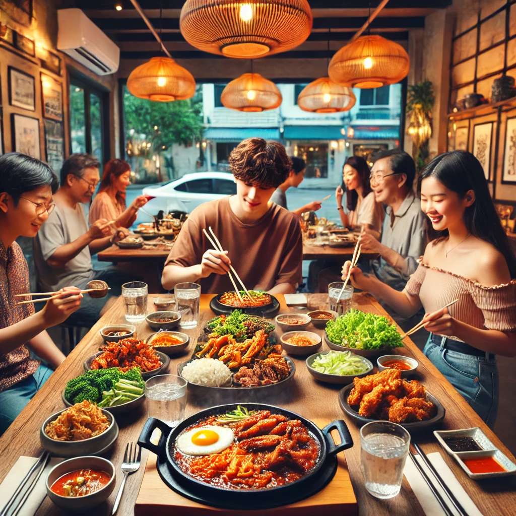 푸켓의 인기 한식당에서 맛있는 한국 음식을 즐기는 모습
