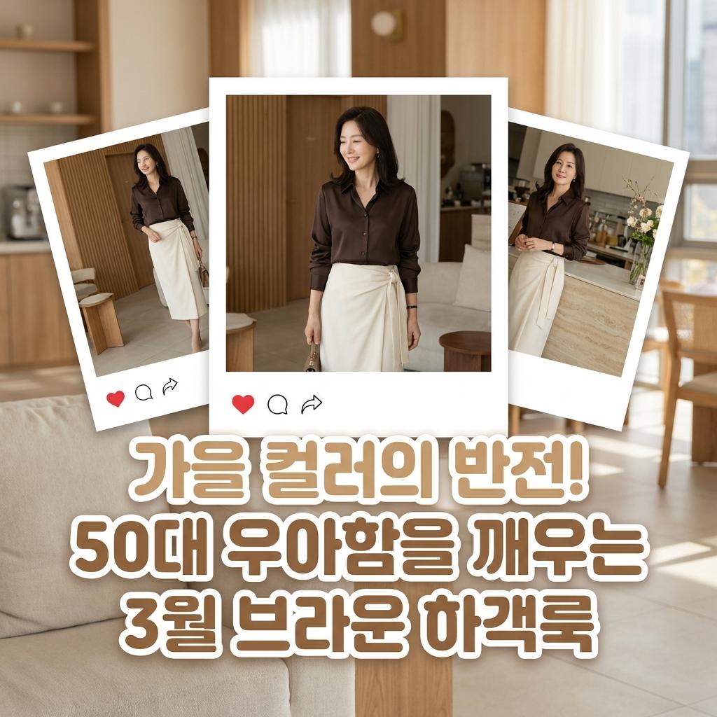 가을옷 아닙니다! 50대 브라운 셔츠 랩 스커트와 매치하는 3월 하객 코디
