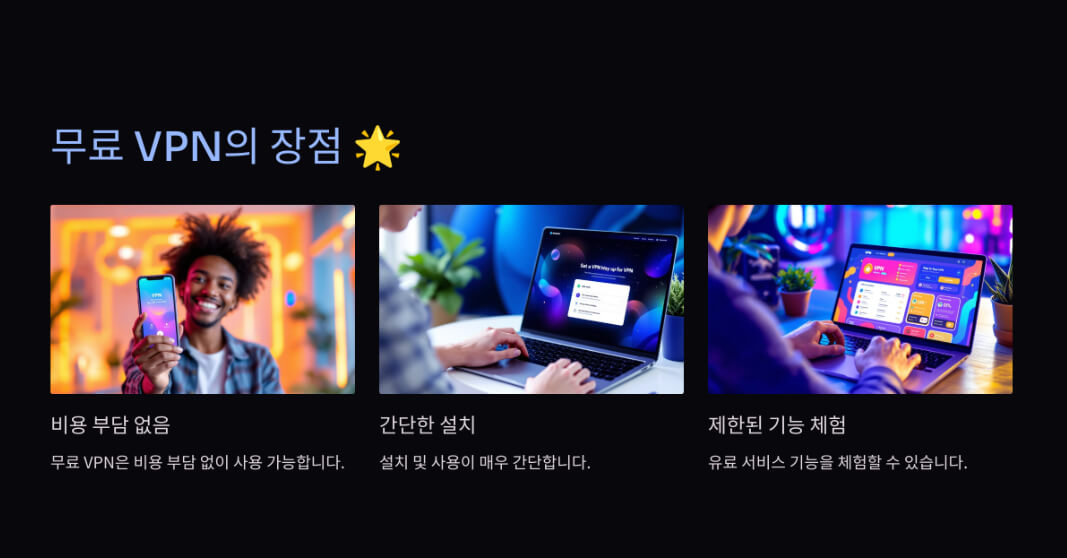 무료 VPN의 장점인 비용 부담 없음, 간단한 설치, 제한된 기능 체험이 각각 이미지를 통해 표현된 화면. 스마트폰과 노트북을 사용하는 사람들의 모습 포함