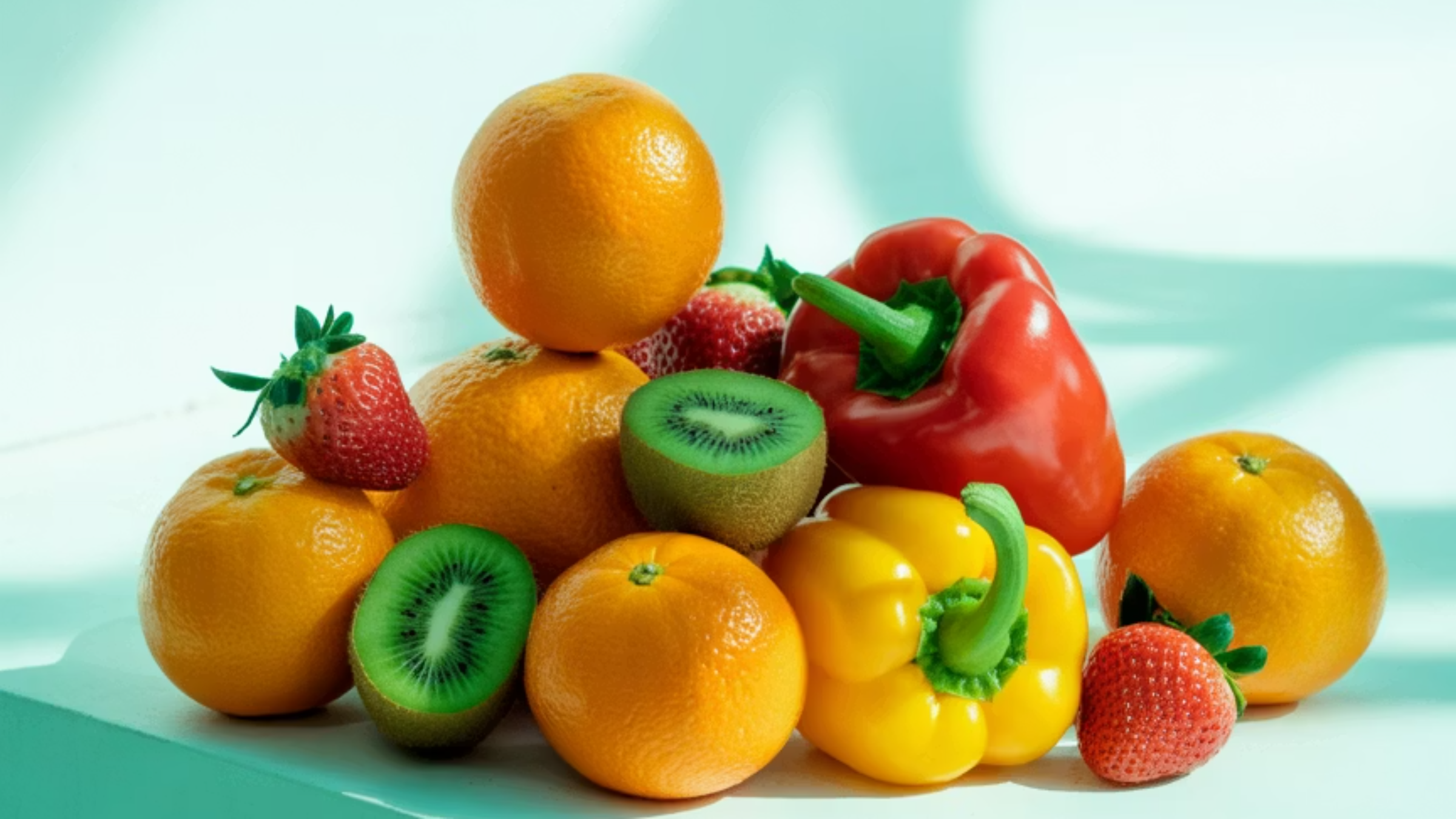 비타민 C가 풍부한 오렌지, 키위, 딸기 등 과일들이 면역력 강화에 도움을 주는 모습