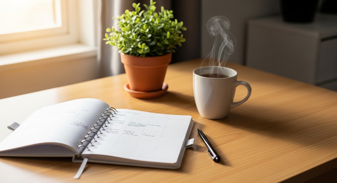 아침 햇살이 드는 책상 위, 잘 정리된 플래너와 따뜻한 차가 놓여 있어 생산적인 하루의 시작을 암시합니다.