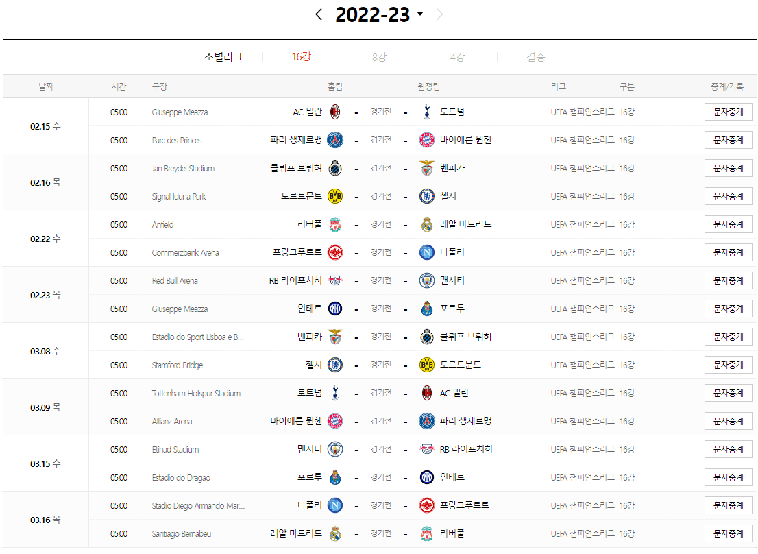 챔피언스 리그 16강 일정표
