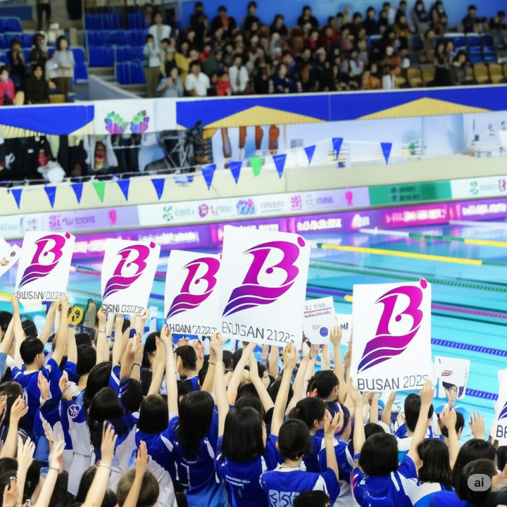 수영 경기에서 선수들을 향해 열정적으로 응원하는 사람들