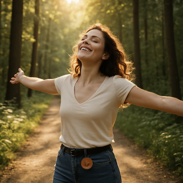 "햇살이 비추는 숲속 길을 걷는 동안 행복하게 웃으며 두 팔을 벌린 젊은 여성의 모습. 자연 속에서 감정적 자유와 평화를 느끼는 장면."