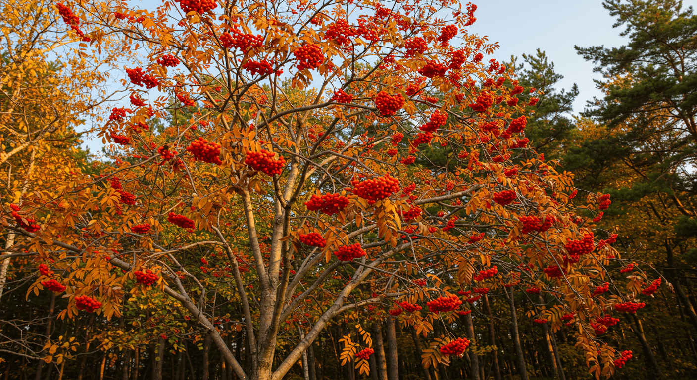 가을 숲속에 붉은 열매가 풍성하게 열린 마가목 나무