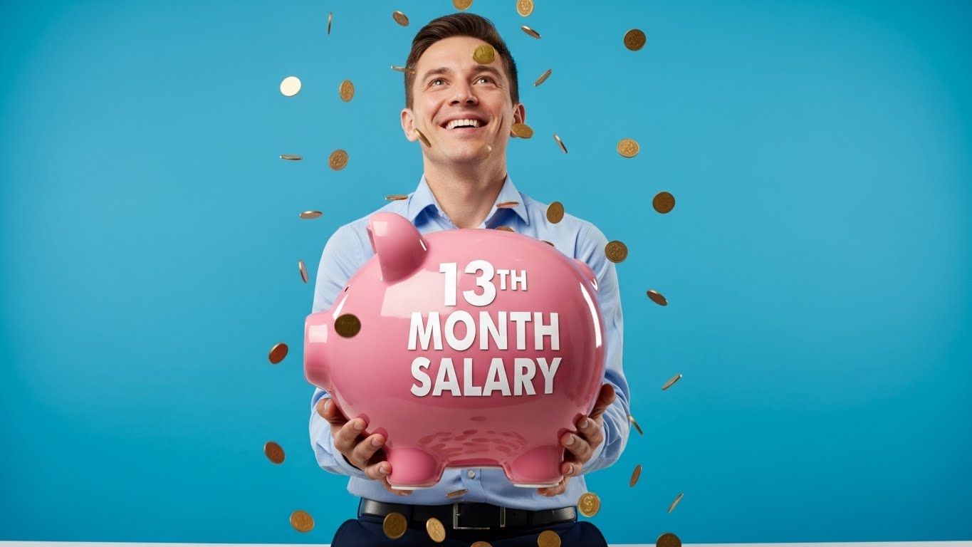 A happy office worker holding a large piggy bank labeled '13th Month Salary', with gold coins falling around, bright blue background