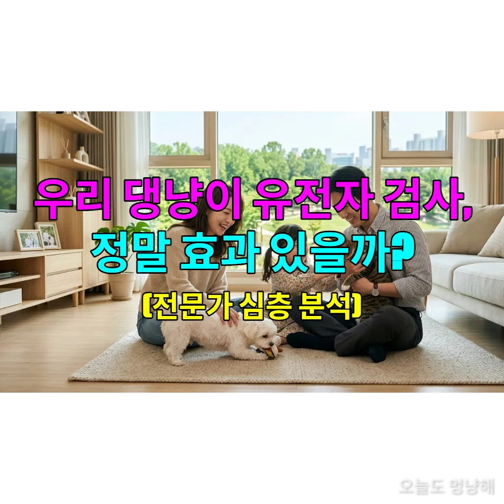 행복한 한국인 가족이 거실에서 강아지와 고양이와 함께 즐거운 시간을 보내는 모습