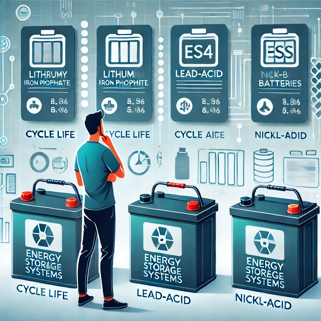 ESS 배터리 종류 비교 &ndash; 리튬인산철, 납축, 니켈 배터리를 조건별로 고민하는 장면