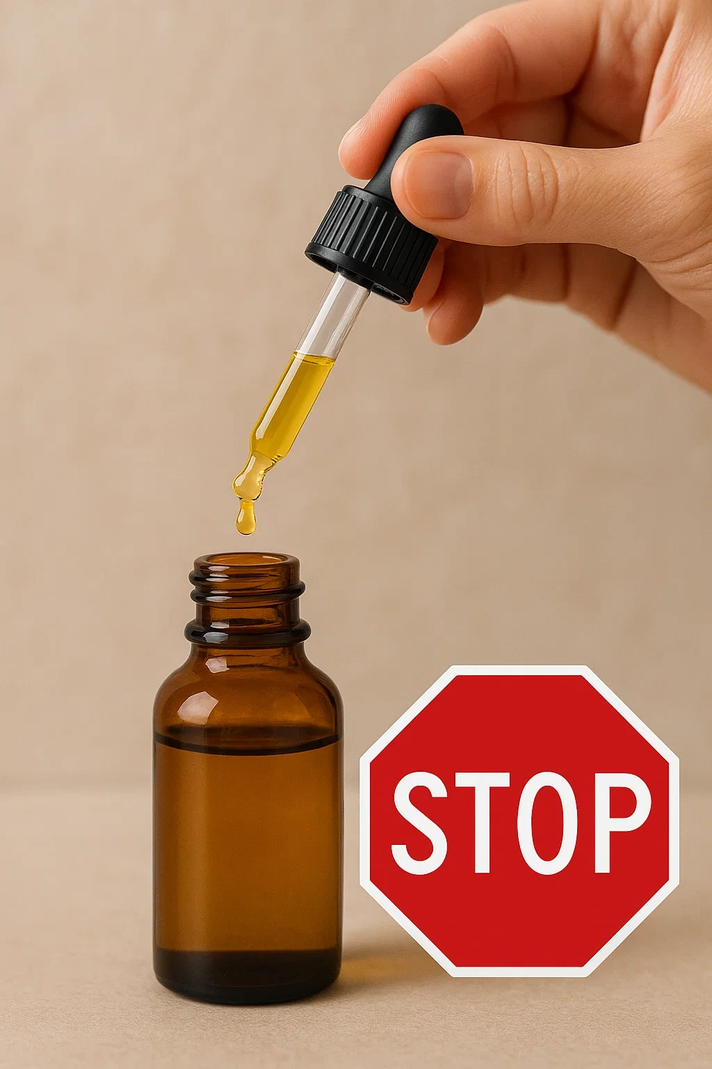 스포이드로 오일을 캐리어 오일에 떨어뜨려 희석하는 모습, 'STOP' 또는 '주의' 아이콘