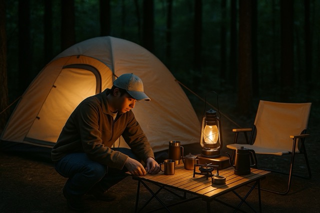 초보자가 캠핑 장비를 세팅하는 모습