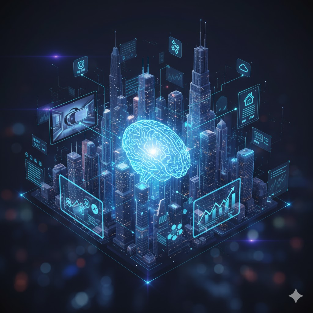 도시 위에 디지털 브레인과 데이터 차트가 떠 있는 형상으로, 인공지능이 부동산 시장과 스마트 시티를 분석하는 개념을 시각화한 이미지