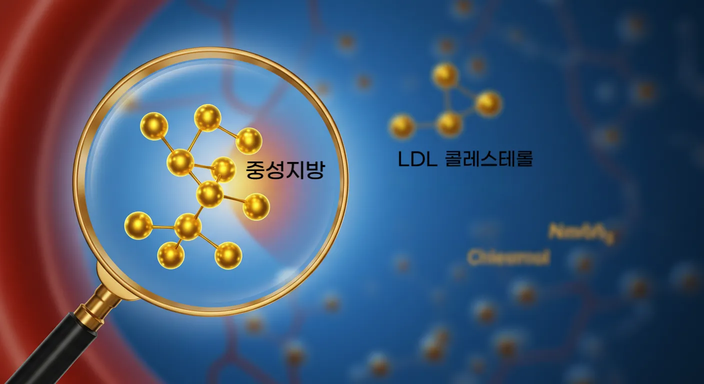 &quot;오메가-3의 주요 효능인 중성지방 감소 효과를 시각화한 이미지. 돋보기로 혈관 속 중성지방이 줄어드는 것을 강조함.&quot;