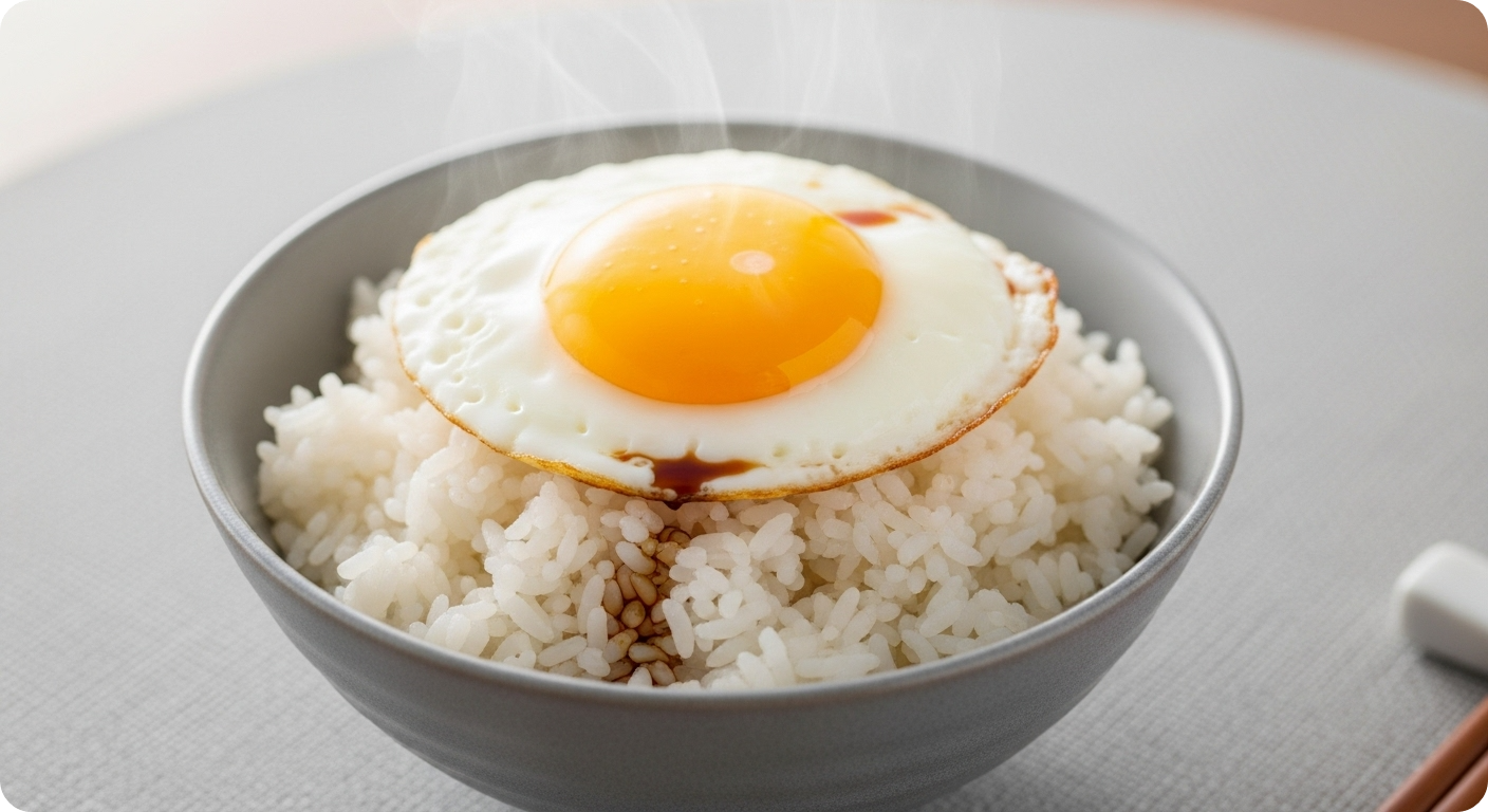 대장내시경 3일 전 아침 식단으로 추천하는 간장계란밥의 클로즈업. 흰쌀밥 위에 반숙 계란 프라이가 놓여있고, 간장으로 간이 되어 있습니다.