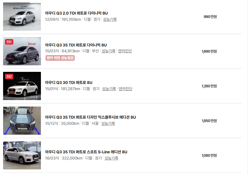 아우디 Q3 중고차 가격 시세표 유지비