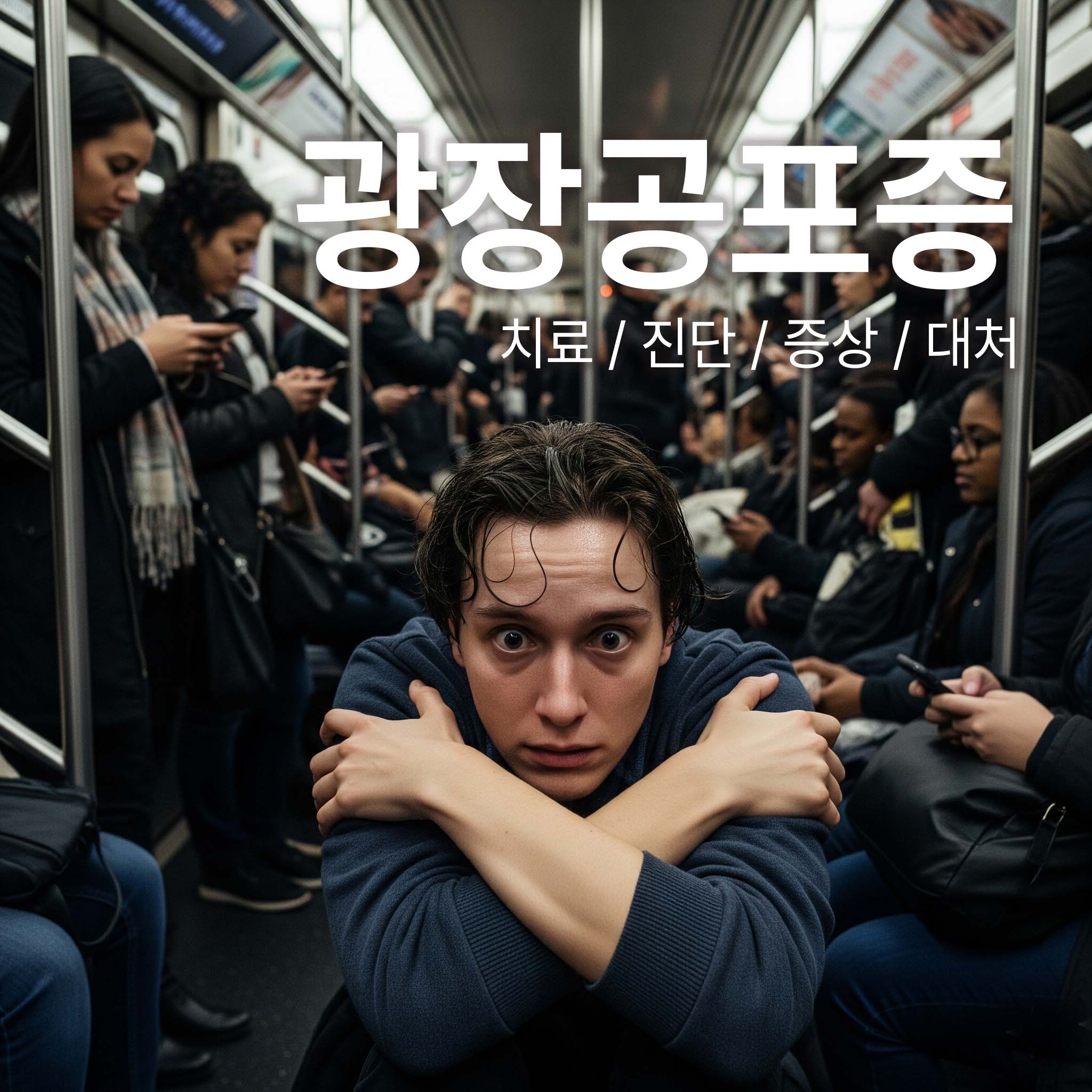 광장공포증으로 지하철 사람들 사이에서 힘들어 하는 사람