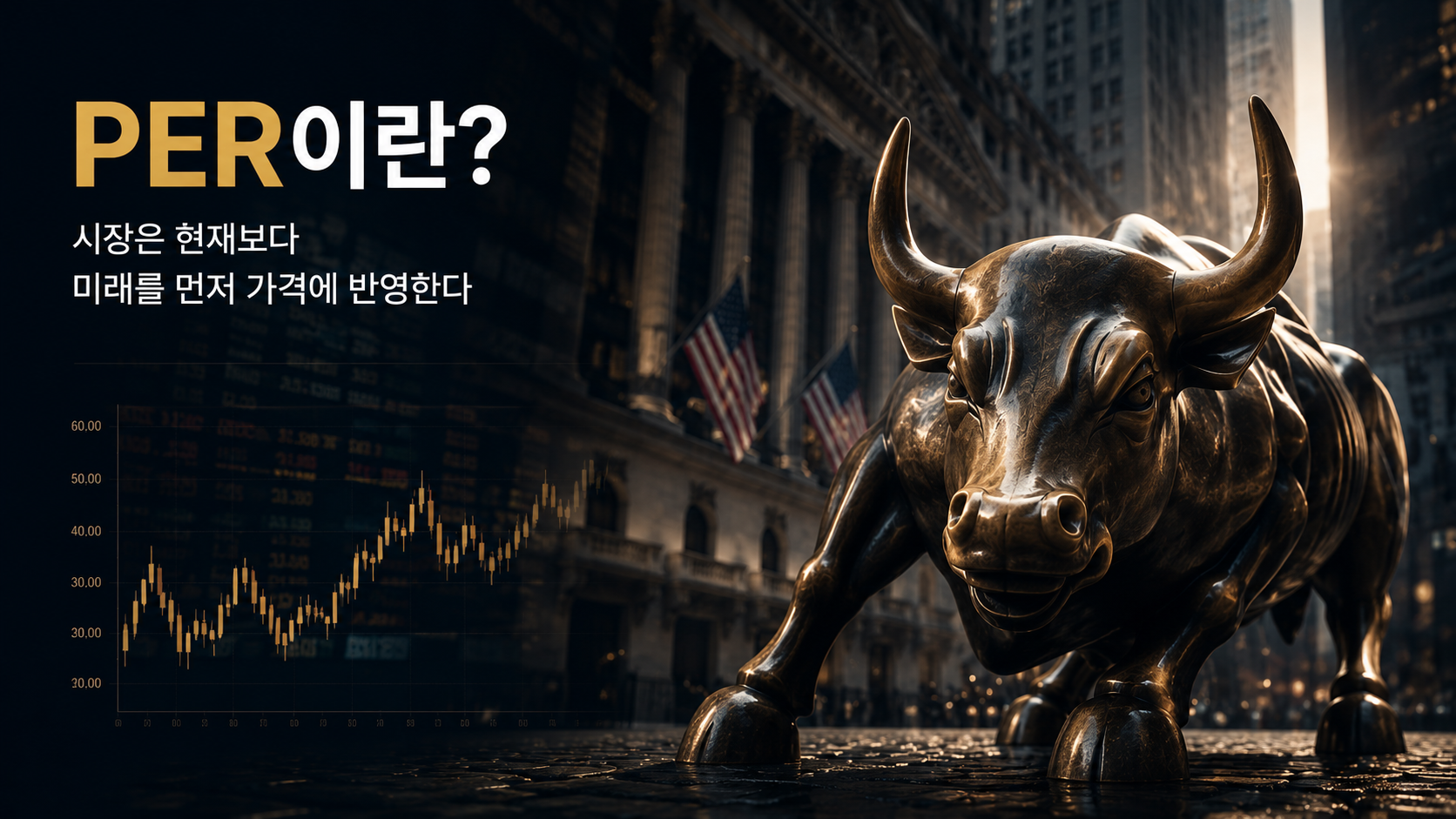 Cinematic financial illustration introducing the concept of PER (Price-to-Earnings Ratio) and how markets price future expectations.