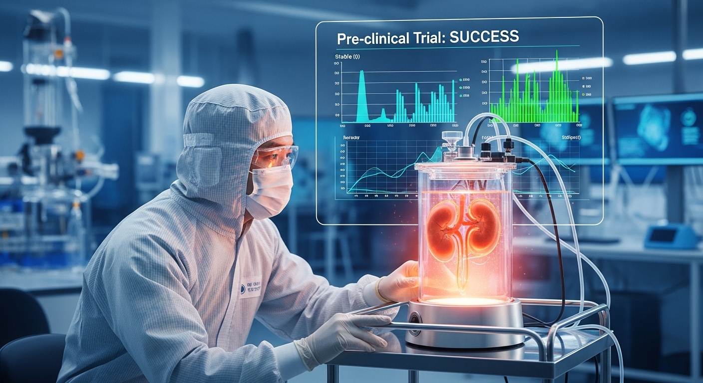 최첨단 실험실에서 한 연구원이 전임상 시험의 성공적인 데이터가 보이는 스크린을 배경으로 연구에 몰두하고 있는 모습