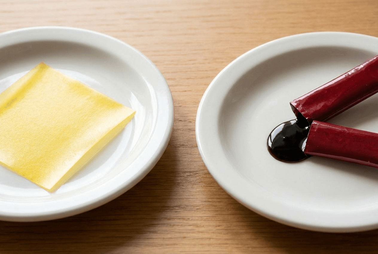 홍삼 필름과 홍삼 스틱이 나란히 놓인 비교 컷, 필름의 얇은 두께와 스틱의 액상 질감이 대비되는 구도.