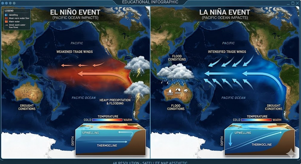 엘니뇨와 라니냐 발생 시 태평양 해수면 온도 분포 비교 도식 — 적도 태평양 이상 고온·저온 패턴