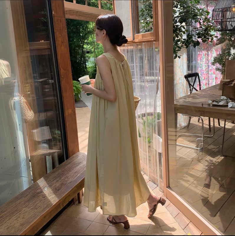 루어스룸 리조트 원피스 여름 썸머 민소매 나시 셔링 맥시 휴양지룩 코튼 롱원피스 머스타드