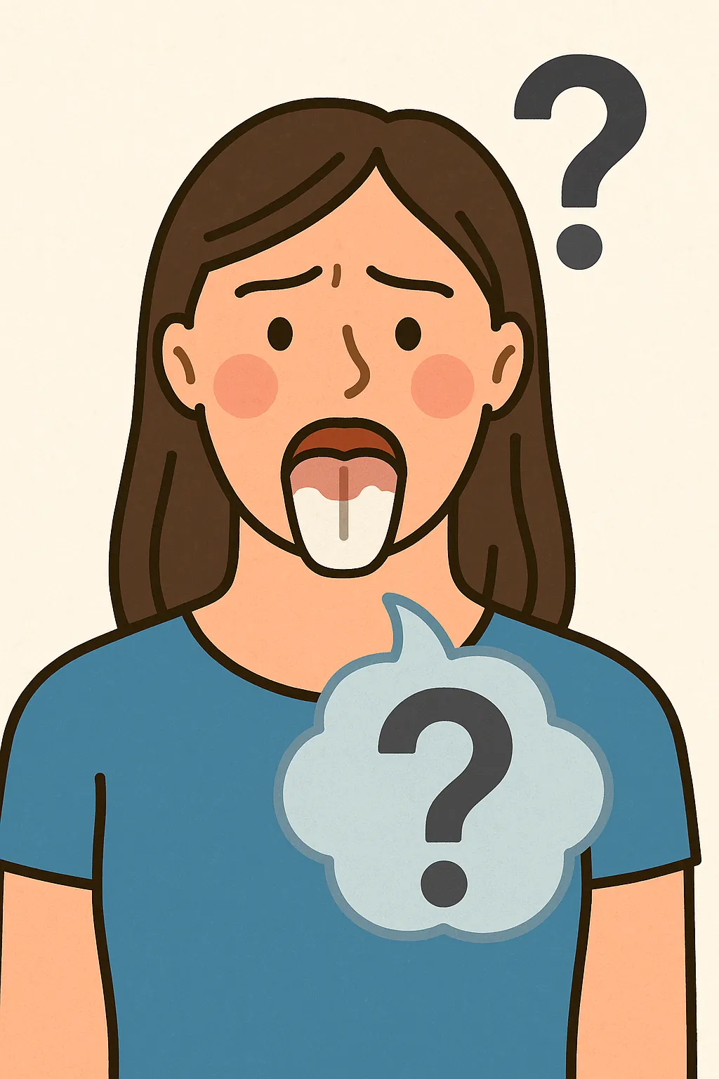 혀가-하얗게-변한-여성이-놀란-표정을-짓고-있으며-질문표시와-생각-풍선이-함께-표현된-일러스트